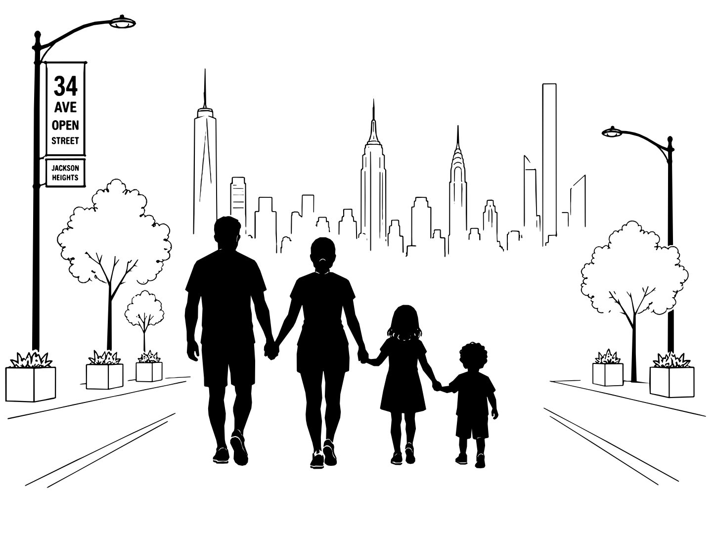 Illustration of the sellers and their children walking through Jackson Heights toward the Manhattan skyline